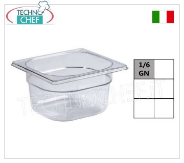 Bacs gastronormes GN 1/6 en polycarbonate Plateau polycarbonate gastro-norme 1/6, capacité 1,0 litres, dim.mm.176 x 162 x 65 h