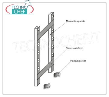 TECHNOCHEF - Side-Steel pour Étagères Inox à Crochets, Mod.97250+97003+97007 Side-Shoulder pour étagères avec crochet en acier inoxydable 304 poli, épaisseur 20/10, composé de 2 montants, 2 traverses et pieds en plastique, adapté aux étagères de profondeur 30 cm, dim.mm.300x25x2500h